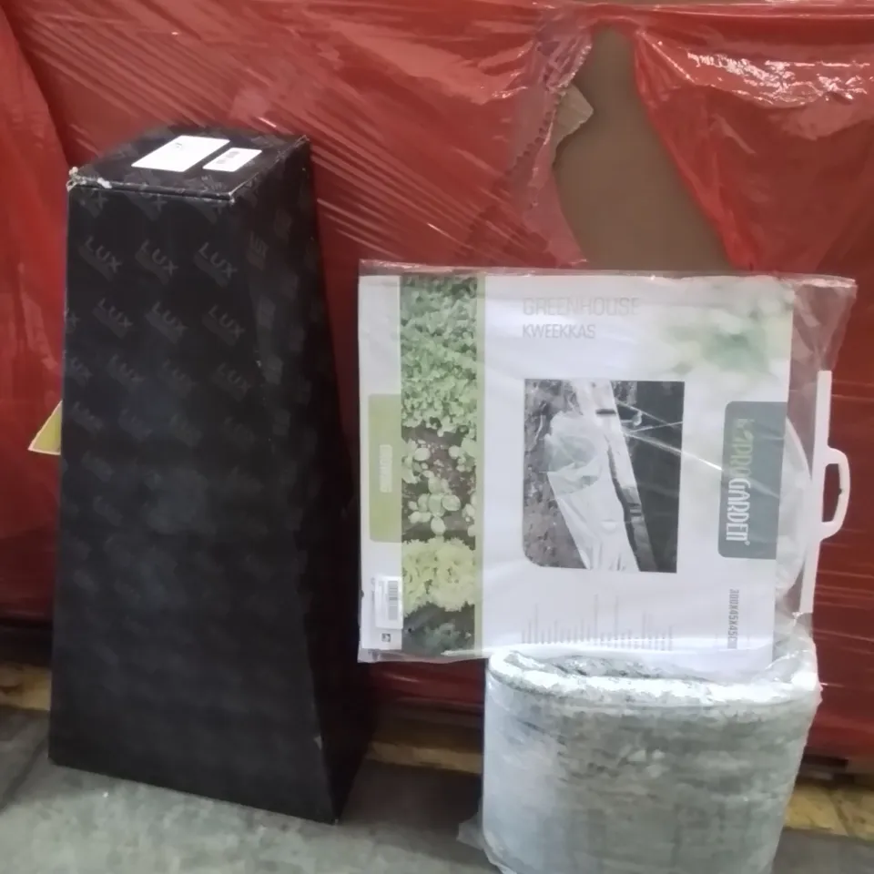 PALLET OF ASSORTED HOUSEHOLD GOODS AND PRODUCTS TO INCLUDE;ZORA SHOWER,AREA RUG,GREENHOUSE FLOWER PROTECTION 