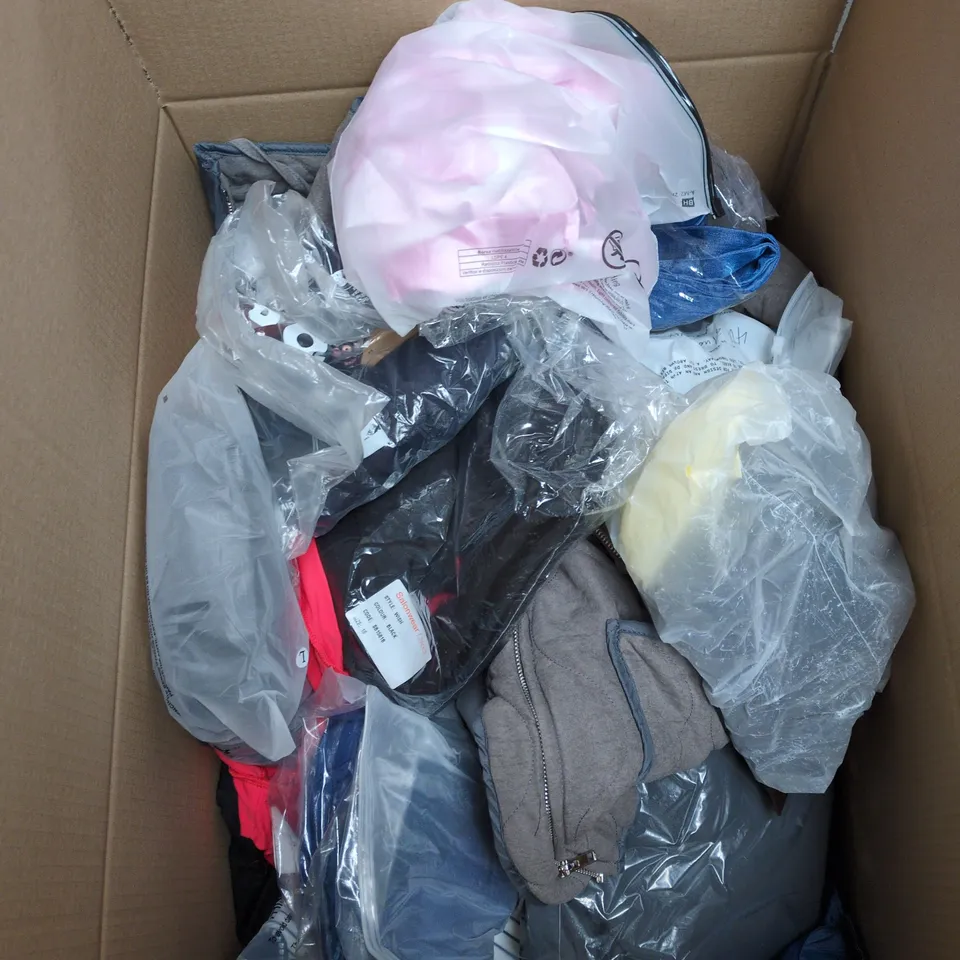 BOX OF APPROXIMATELY 22 ASSORTED CLOTHING ITEMS TO INCLUDE BLUE HOODIE, RED KNITTED JUMPER, NEXT BLACK T SHIRT, BRA ETC