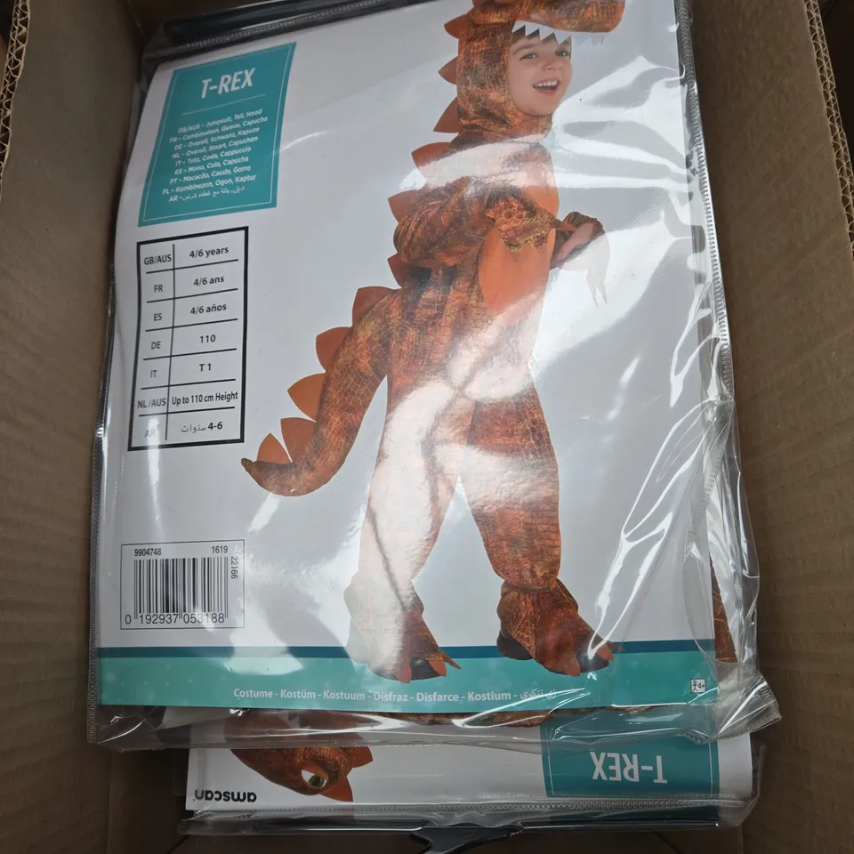 BOX OF APPROXIMATELY 8 AMSCAN T-REX KIDS FANCY DRESS COSTUME 4-6YRS