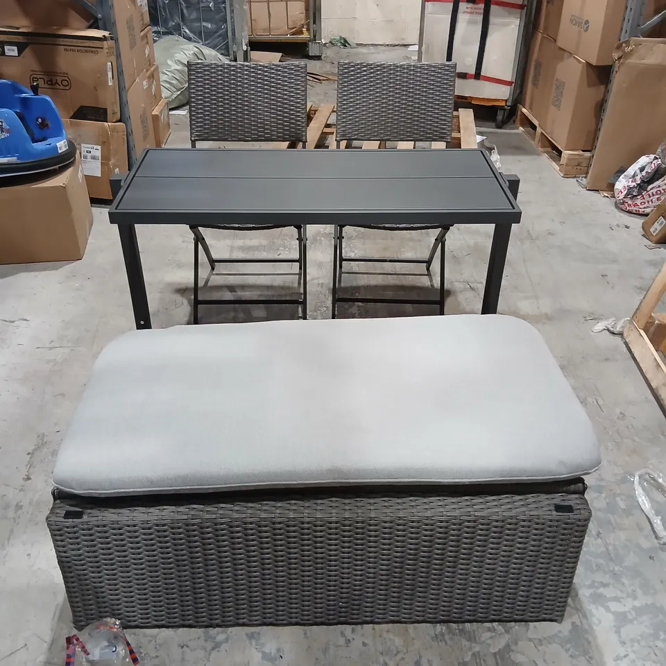 GREY WOVEN OUTDOOR DINING SET WITH CUSHIONED STORAGE BENCH – TABLE + 2 CHAIRS