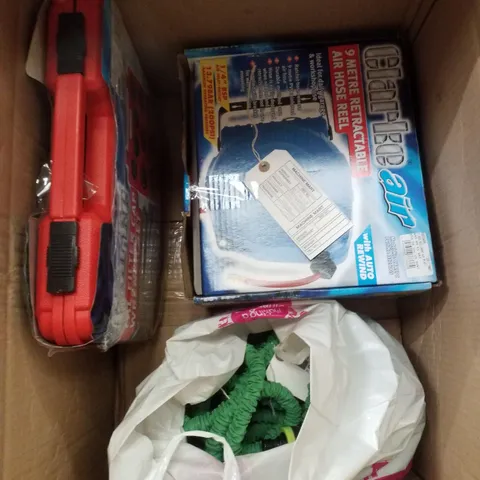 BOX CONTAINING 3 SCRAP ITEMS INCLUDING 9M RETRACTABLE AIR HOSE REEL, MAGIC GARDEN HOSE SET WITH SPRAY GUN 30M & OIL FILTER CAP WRENCH SET 