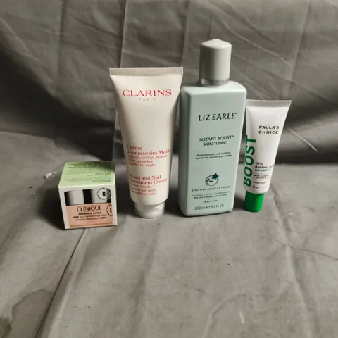 LOT OF 4 ASSORTED SKINCARE PRODUCTS TO INCLUDE - PAULA'S CHOICE 10% AZELAIC ACID BOOSTER - LIZ EARLE INSTANT BOOST TONIC - CLINIQUE MOISTURE SURGE - ETC