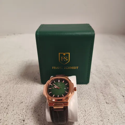 FRANK SCHMIDT FS WATCH WITH GREEN DIAL – ROSE GOLD CASE, BROWN LEATHER STRAP – BOXED