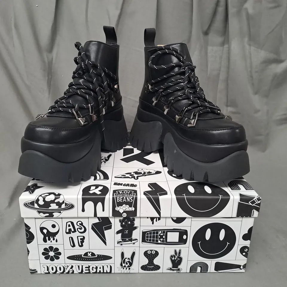 BOXED PAIR OF KOI VEGAN SIGMAR CHUNKY HIKING BOOTS IN BLACK UK SIZE 3