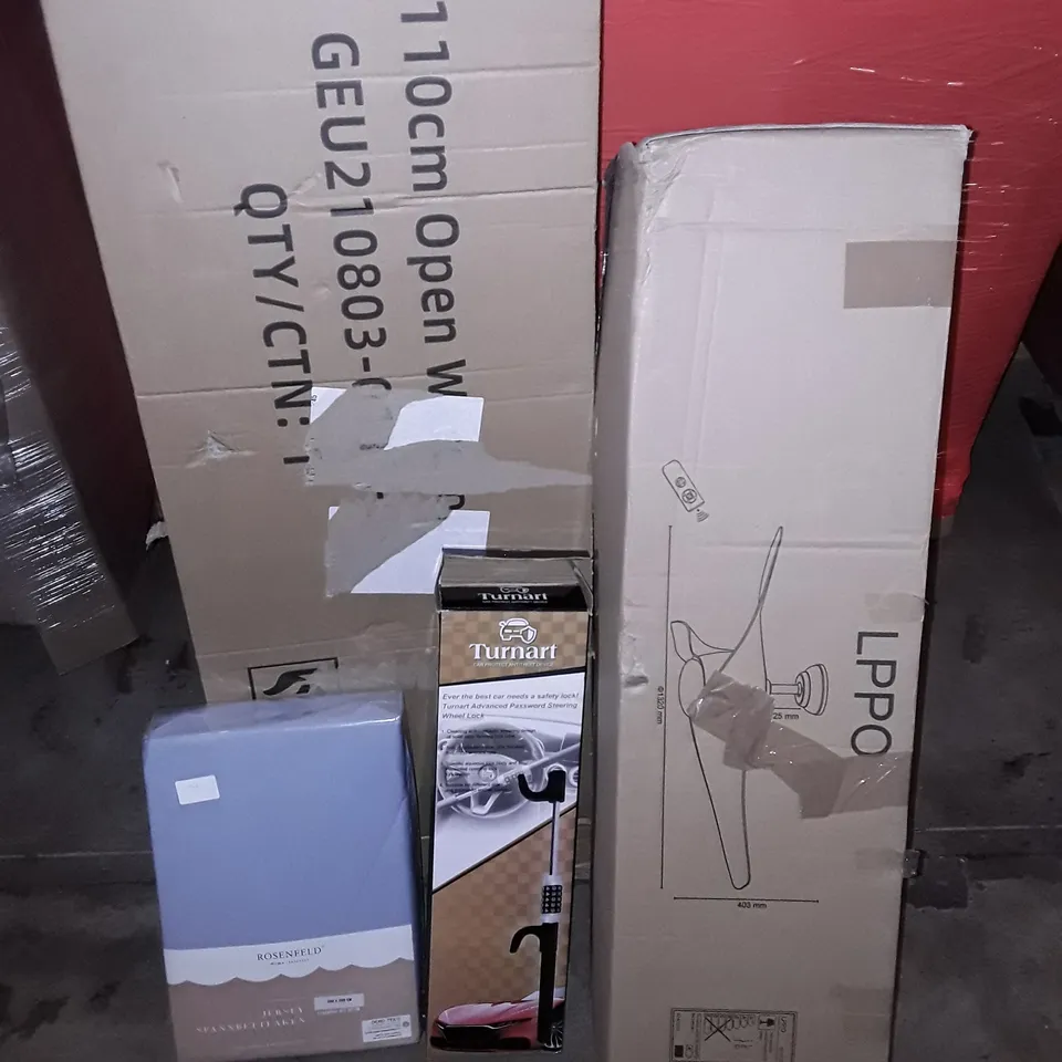UNPROCESSED PALLET OF ASSORTED ITEMS TO INCLUDE CEILING FAN, METAL BALLOON ARCH AND OPEN WARDROBE 