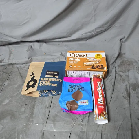 TOTE OF APPROXIMATELY 16 ASSORTED FOOD AND DRINK ITEMS TO INCLUDE QUEST PROTEIN BARS, MUNCHIES, CHIMNEY FIRE COFFEE ETC