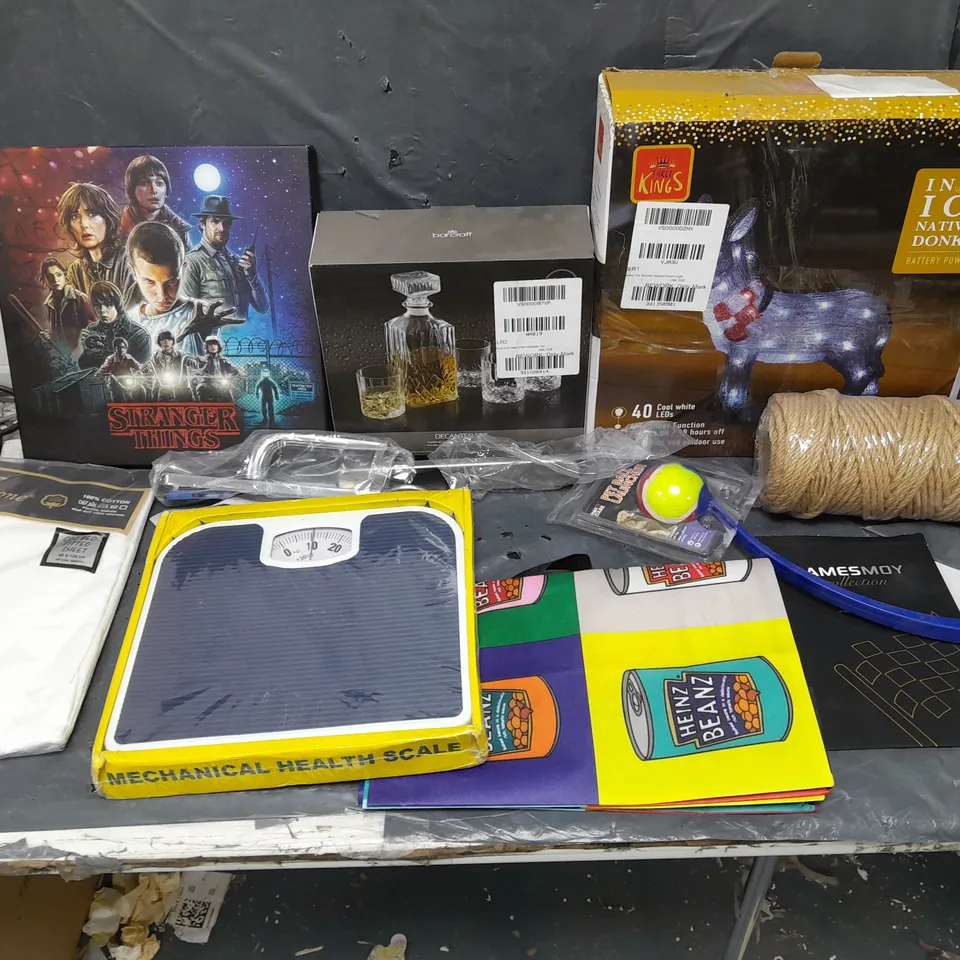 BOX OF APPROX 12 ASSORTED ITEMS TO INCLUDE - 60M ROPE, STRANGER THINGS CANVAS, AND PET BALL LAUNCHER ETC.