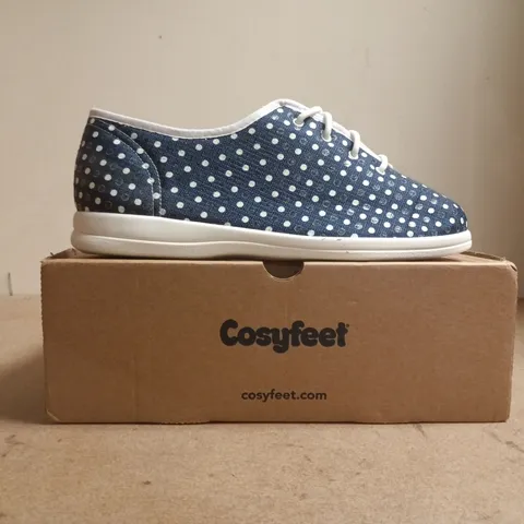 BOXED PAIR OF COSYFEET NAVY POLKA DOT SHOES SIZE UK 7