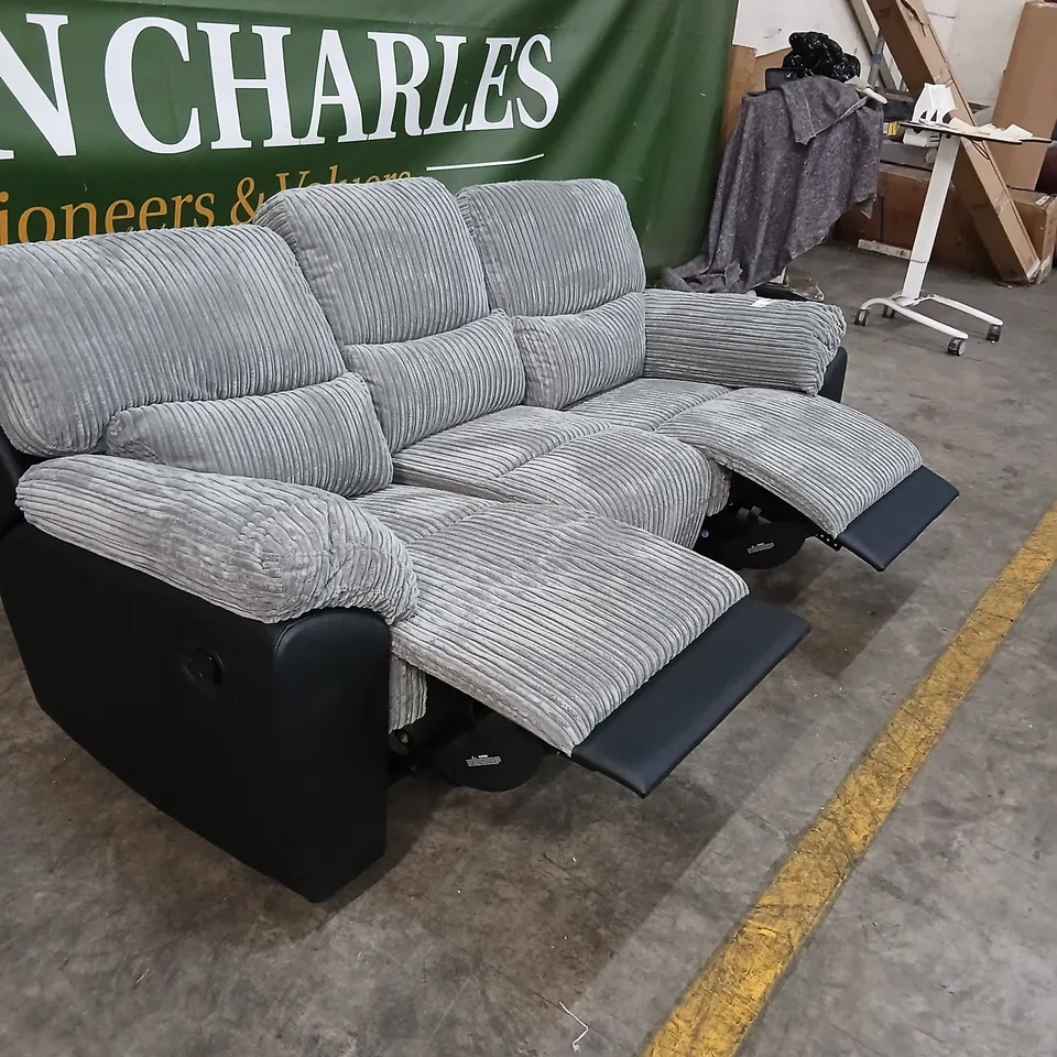 SIENNA GREY CORDUROY 3-SEATER RECLINING SOFA WITH BLACK FAUX-LEATHER ARMS