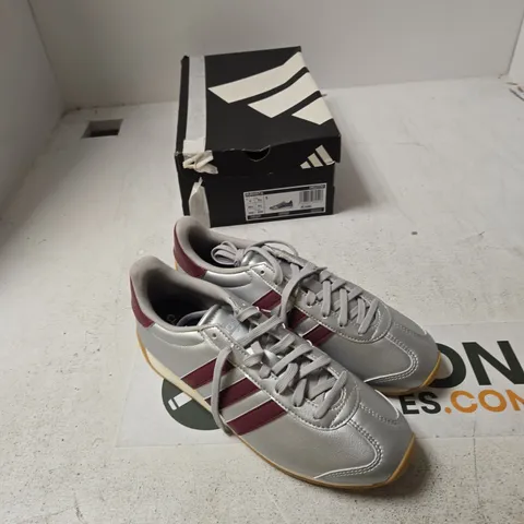 ADIDAS GAZELLE SNEAKERS – SILVER LEATHER WITH MAROON STRIPES, UK 7.5 