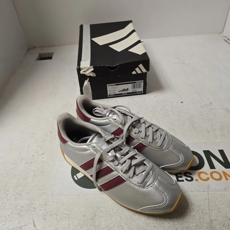 ADIDAS GAZELLE SNEAKERS – SILVER LEATHER WITH MAROON STRIPES, UK 7.5 