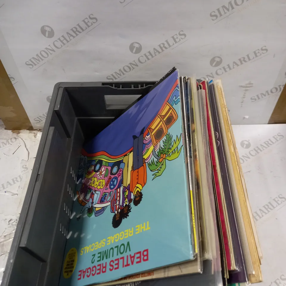 BOX OF APPROXIMATELY 20 ASSORTED VINYL RECORDS TO INCLUDE BEATLES REGGAE, PJ HARVEY, PULP ETC