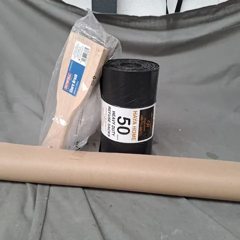 APPROXIMATELY 15 ASSORTED HOUSEHOLD PRODUCTS TO INCLUDE BROWN PAPER ROLL, CHURN BRUSH AND REFUSE BAGS