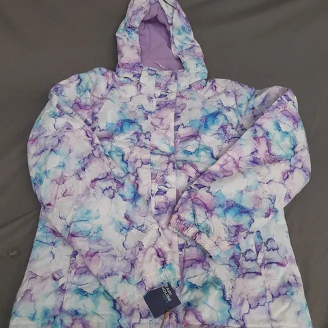 MOUNTAIN WAREHOUSE SNOWDROP PRINTED KIDS SKI JACKET IN WATERCOLOUR BLUE/PURPLE IN SIZE 13YRS