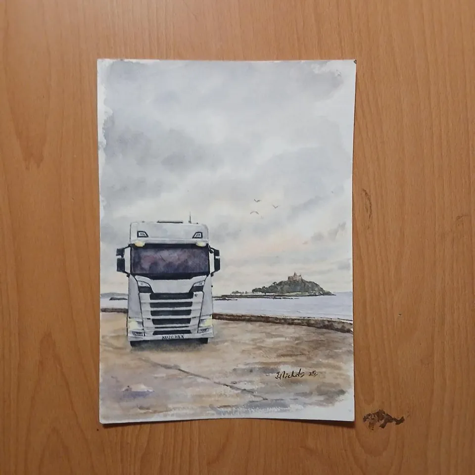 TRUCK ON COASTAL ROAD – PAINTING SIGNED