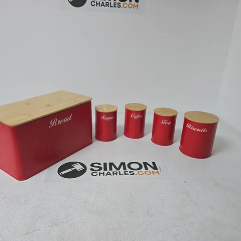 RED KITCHEN CANISTER SET WITH BREAD BIN – SUGAR, COFFEE, TEA, BISCUITS