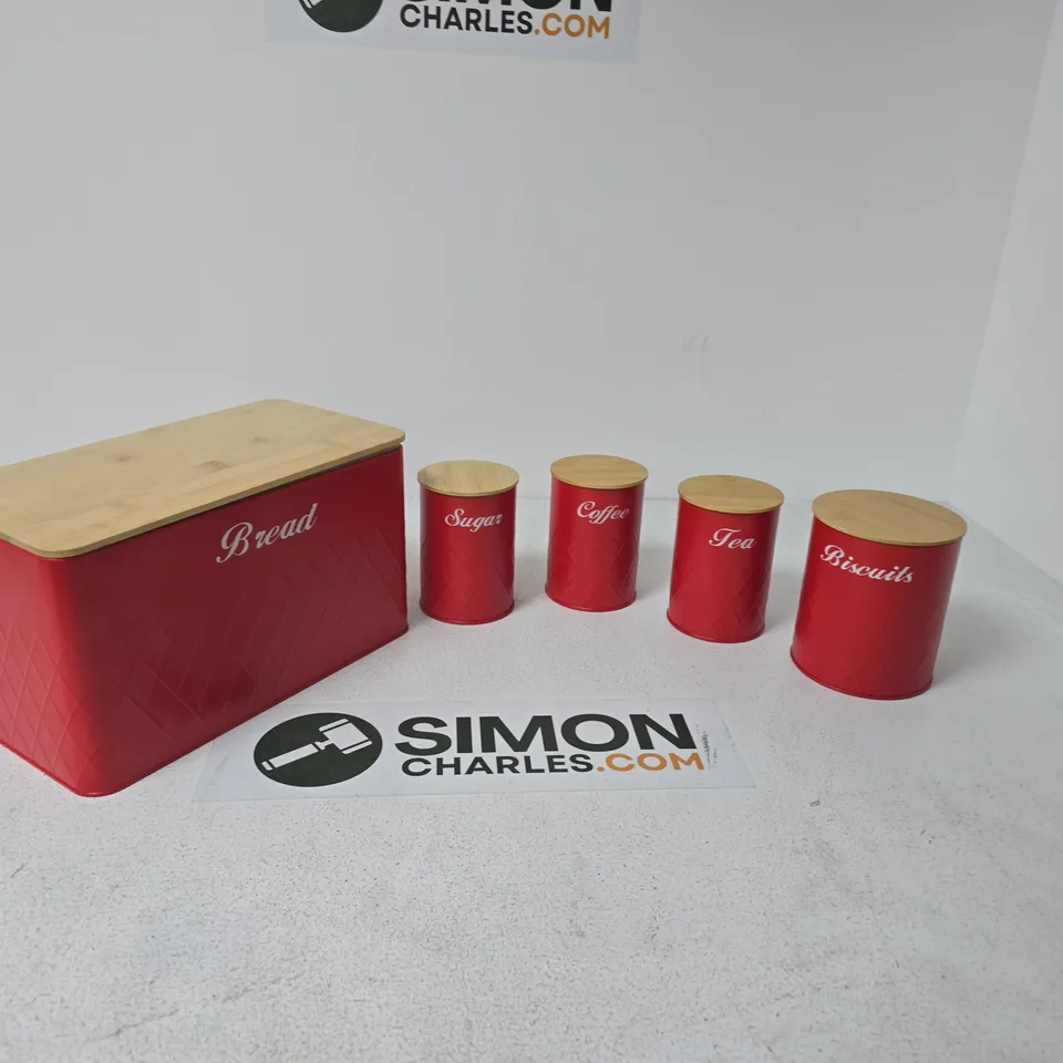 RED KITCHEN CANISTER SET WITH BREAD BIN – SUGAR, COFFEE, TEA, BISCUITS