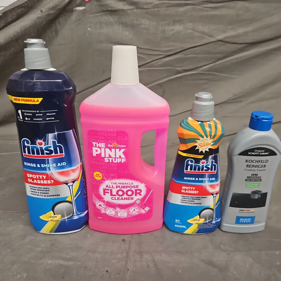 TOTE OF APPROX 8 ASSORTED HOUEHOLD ITEMS TO INCLUDE: FINISH RINSE & SHINE (X2), THE PINK STUFF FLOOR CLEANER, KOCHFELD REINIGER COOKTOP CLEANER - COLLECTION ONLY
