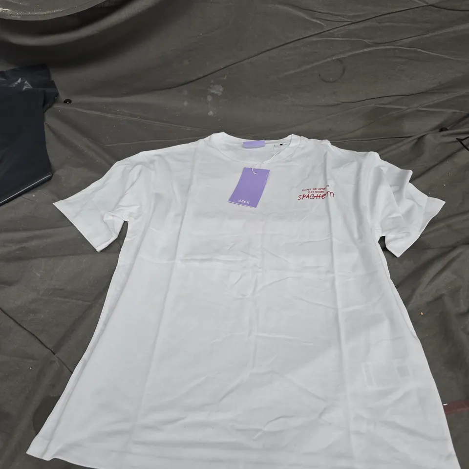 JUXX WHITE COTTON T-SHIRT WITH SPAGHETTI GRAPHIC, SIZE M