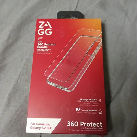 BOX OF APPROXIMATELY 50 ZAGG 360 PROTECT BUNDLE FOR SAMSUNG GALAXY S23 FE – CLEAR CASE & TEMPERED GLASS SCREEN PROTECTOR