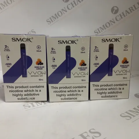 3 X BOXED & SEALED (10 DISPOSABLES PER BOX) SMOK DISPOSABLE VAPES - MANGO BLACKCURRANT