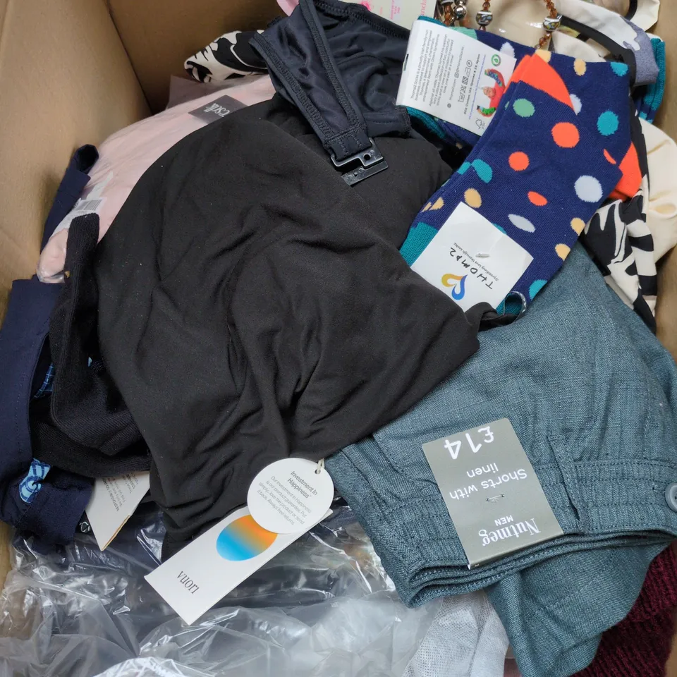 LARGE BOX OF APPROXIMATELY 25 ASSORTED CLOTHING ITEMS IN VARIOUS COLOURS, STYLES AND SIZES - COLLECTION ONLY