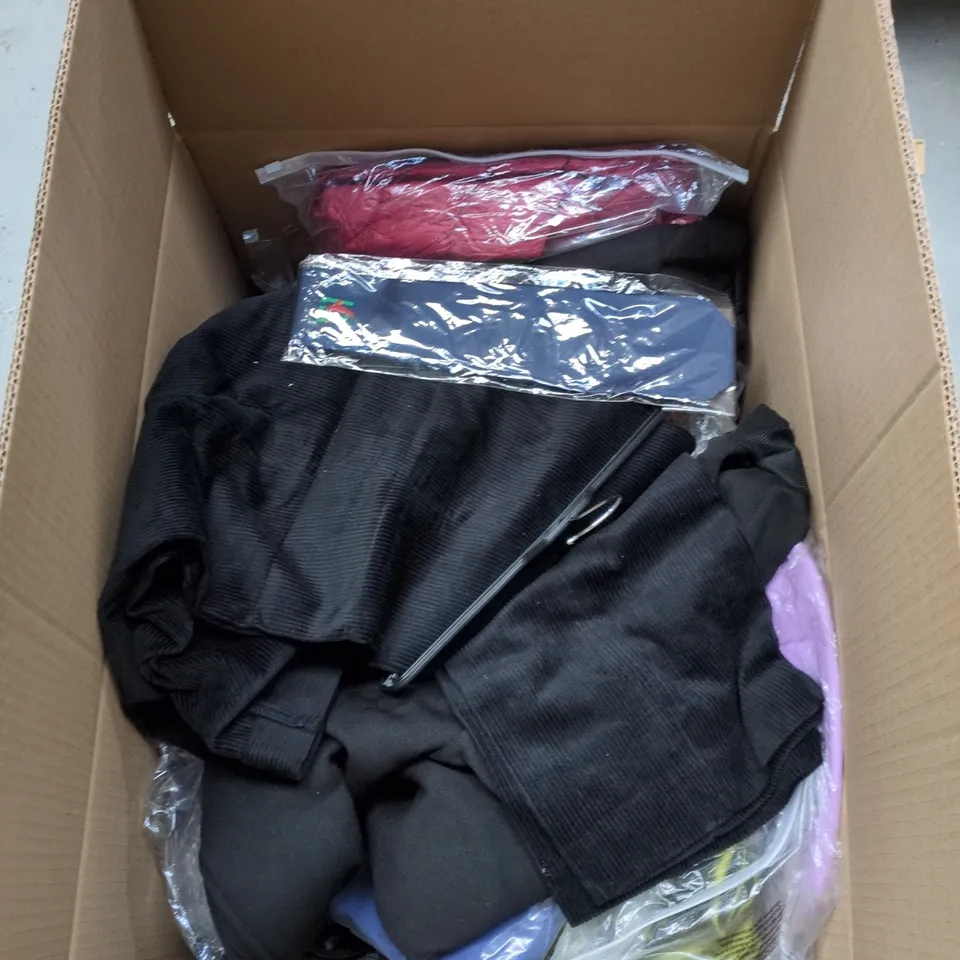 BOX OF APPROXIMATELY 20 ASSORTED CLOTHING ITEMS TO INCLUDE BLACK JOGGERS, RED PADDED JACKET, TIE, BLACK CORDUROY TROUSERS ETC