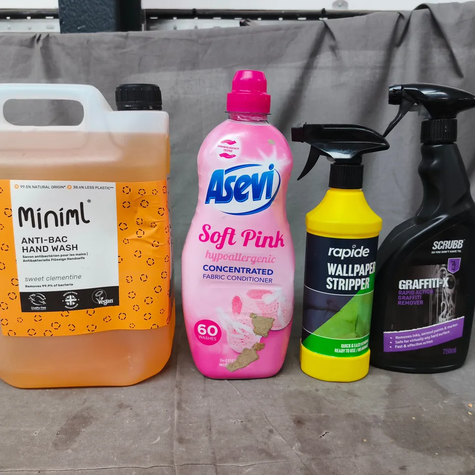 APPROXIMATELY 10 ASSORTED HOUSEHOLD LIQUID PRODUCTS TO INCLUDE -HAND WASH , FABRIC CONDITIONER  , WALLPAPER STRIPPER , ETC 