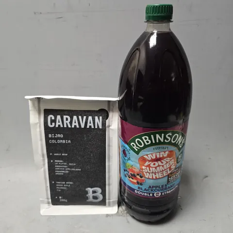 APPROXIMATELY 5 ASSORTED FOOD & DRINK ITEMS TO INCLUDE - ROBINSONS APPLE & BLACKCURRANT , CARAVAN BIJAO COLOMBIA 