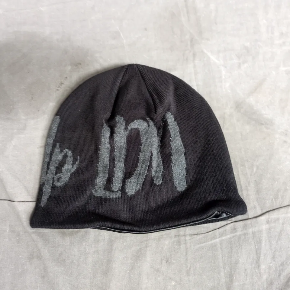 PATTERN UP LONDON BLACK SILK LINED KNIT BEANIE WITH GREY SCRIPT LOGO