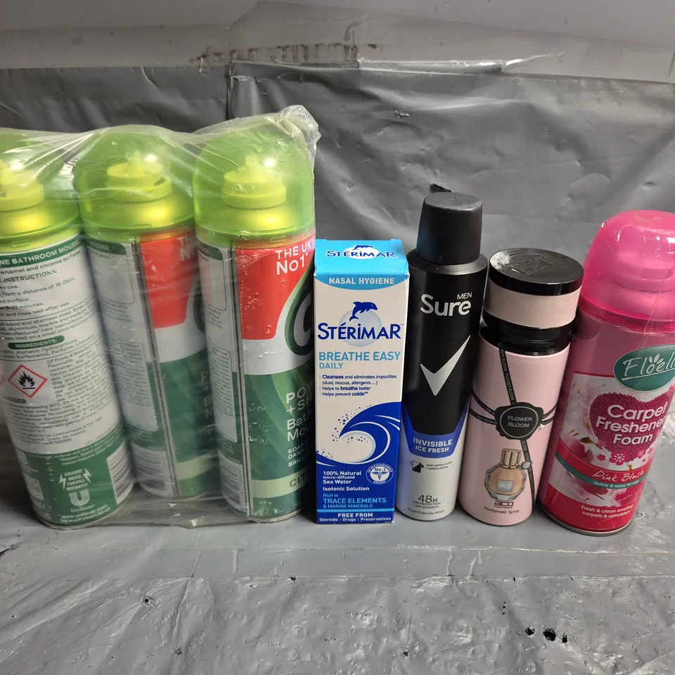 APPROXIMATELY 10 ASSORTED AEROSOLS TO INCLUDE CARPET FOAM, SURE MEN AND CIF