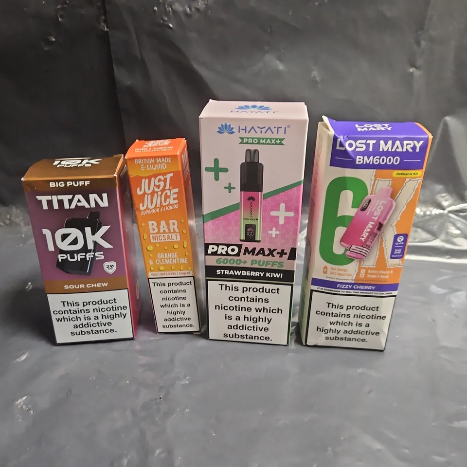 LOT OF APPROXIMATELY 20 ASSORTED ELECTRONIC CIGARETTE ITEMS TO INCLUDE TITAN WITH PODS, HAYATI PRO MAX WITH PODS AND LOST MARY BM6000 PODS