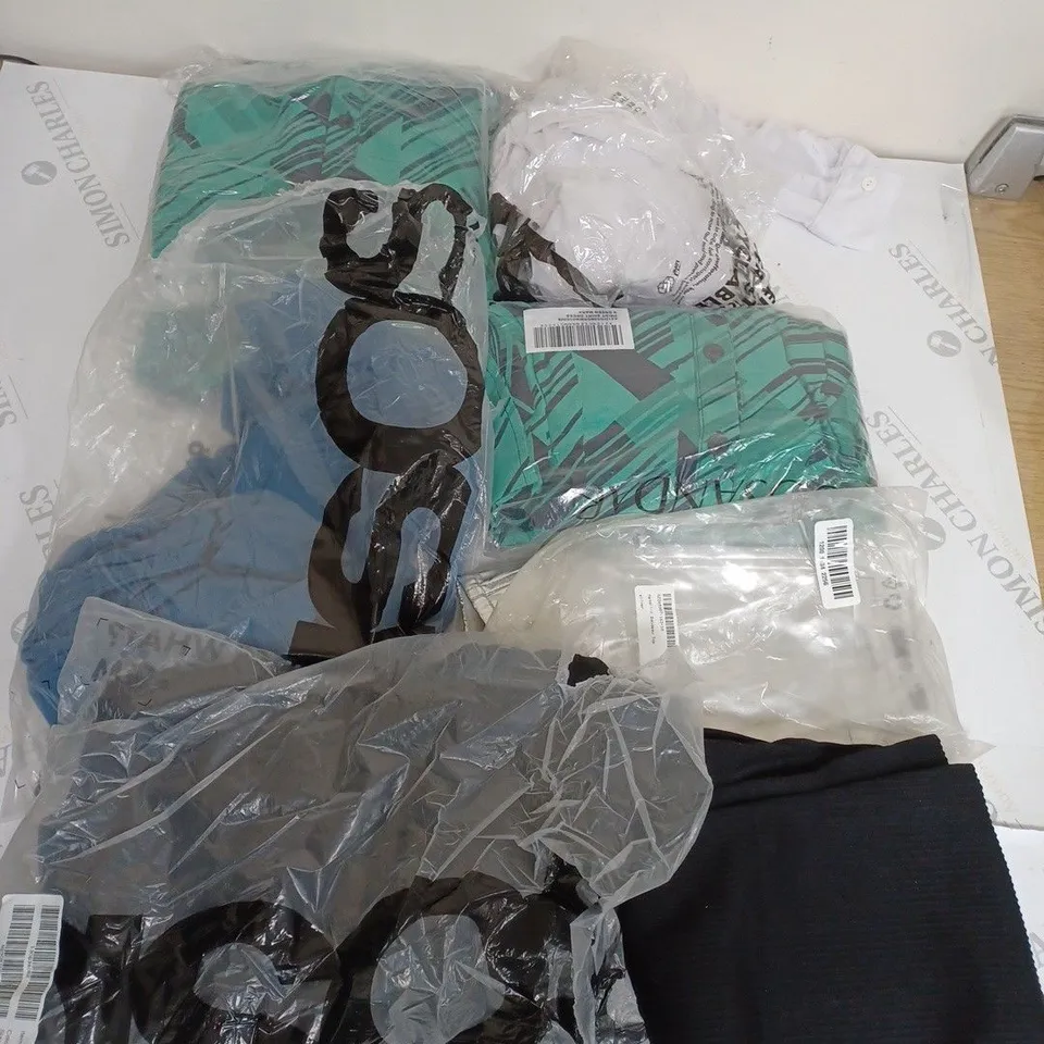 LARGE BOX OF ASSORTED CLOTHING ITEMS IN VARIOUS COLOURS AND SIZES INCLUDING TROUSERS , TOPS AND JUMPERS 