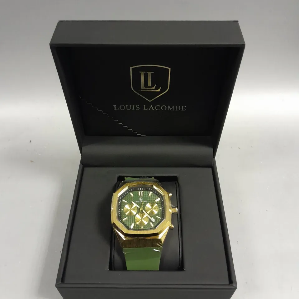 MENS LOUIS LACOMBE CHRONGRAPH WATCH – 3 SUB DIALS – GOLD COLOUR CASE – GREEN RUBBER STRAP