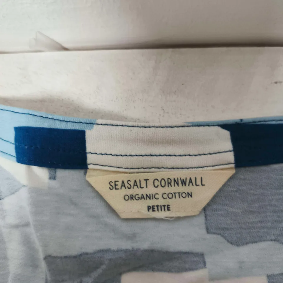 SEASALT CORNWALL PETITE DRESS – ORGANIC COTTON, BLUE GEOMETRIC PRINT