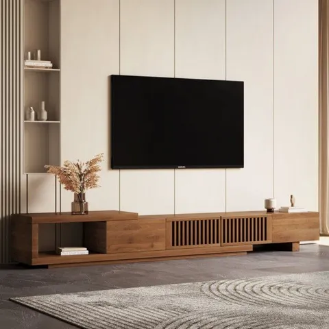 BOXED SPACEFLEX WALNUT TV STAND EXPANDS 200-262CM 2 STORAGE DRAWERS (1 BOX)