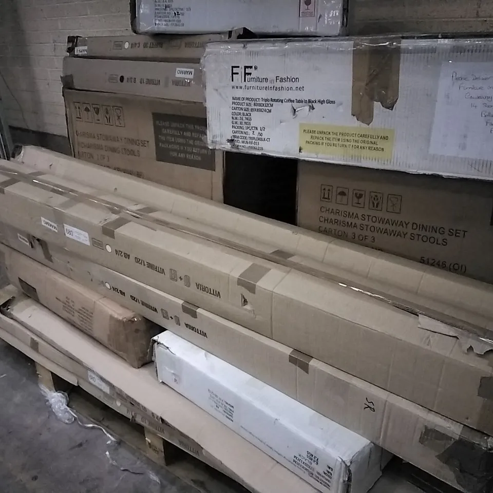 PALLET CONTAINING ASSORTED BOXED FURNITURE SUCH AS DINING SET , COFFEE TABLE , VITRINE CABINET 