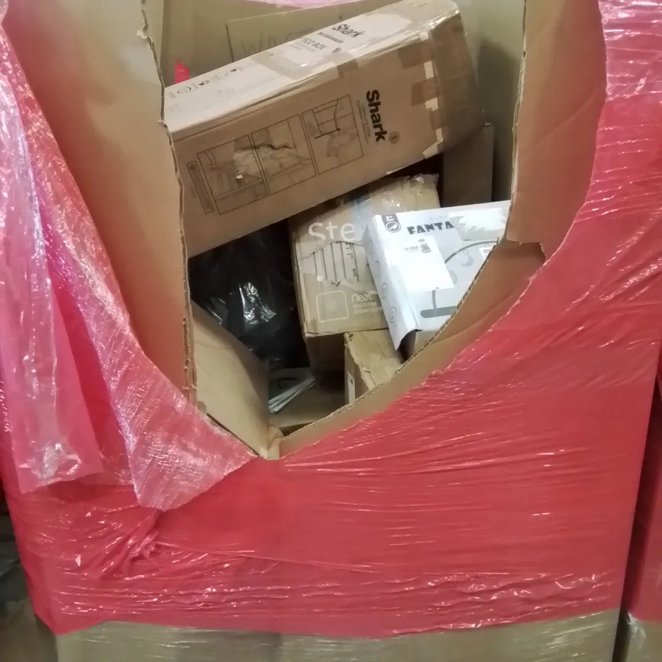 PALLET CONTAINING VARIOUS ASSORTED BOXED HOUSEHOLD ITEMS TO INCLUDE: BABY PLAY MAT, STEAM CLEANER, BED RAIL AND LOTS MORE UNMARKED BOXED ITEMS 