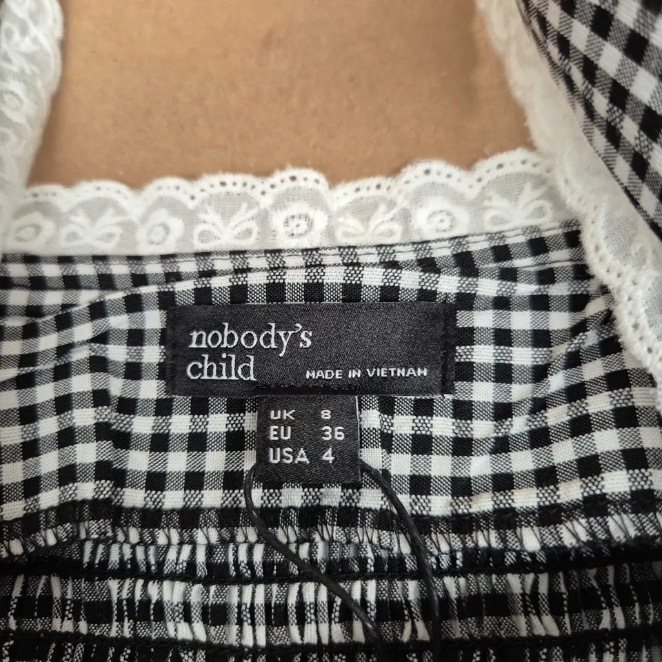 NOBODY'S CHILD DEIA WAISTCOAT TOP – BLACK-AND-WHITE GINGHAM WITH LACE TRIM, UK 8