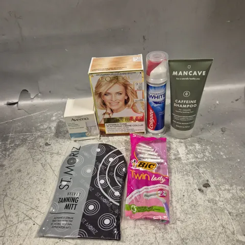 APPROXIMATELY 20 HEALTH AND BEAUTY PRODUCTS TO INCLUDE L'OREAL BLONDE HAIR COLOUR, MANCAVE CAFFEINE SHAMPOO AND BIC LADY RAZORS