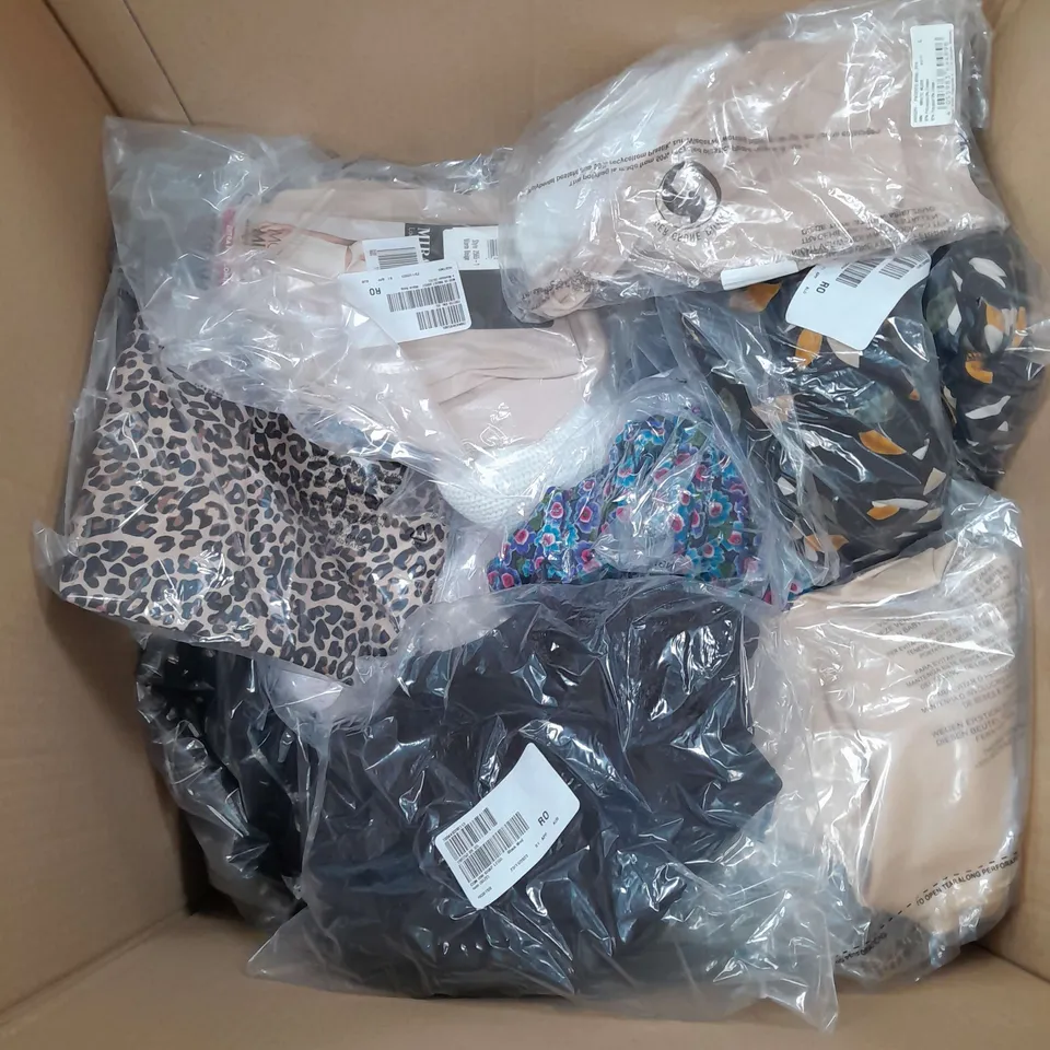 BOX OF APPROXIMATELY 15 ASSORTED CLOTHING ITEMS IN VARIOUS STYLES, COLOURS AND SIZES TO INCLUDE BAG, SOCKS, JUMPERS ETC