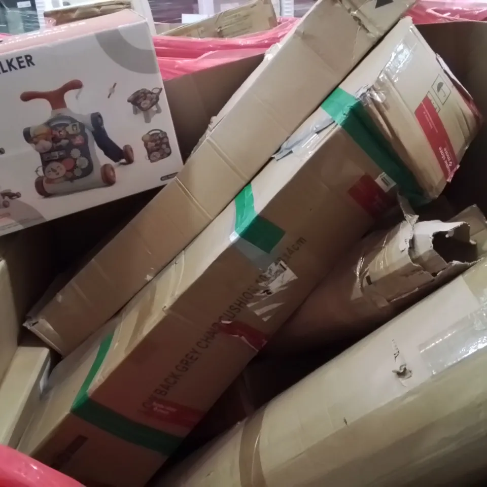 PALLET CONTAINING VARIOUS ASSORTED BOXED HOUSEHOLD ITEMS TO INCLUDE: GARDEN PARASOLS, BABY WALKER AND LOTS MORE UNMARKED BOXED ITEMS 