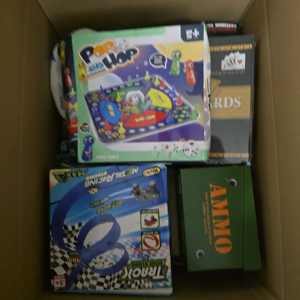 LARGE QUANTITY OF ASSORTED TOYS AND GAMES TO INCLUDE - CARD GAMES, BOARD GAMES AND FOOTBALLS 