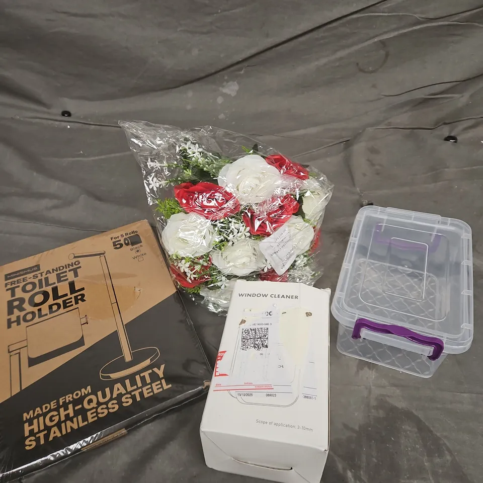 APPROXIMATELY 20 ASSORTED HOUSEHOLD PRODUCTS TO INCLUDE FAUX FLOWERS, STORAGE BOX, WINDOW CLEANER ETC 