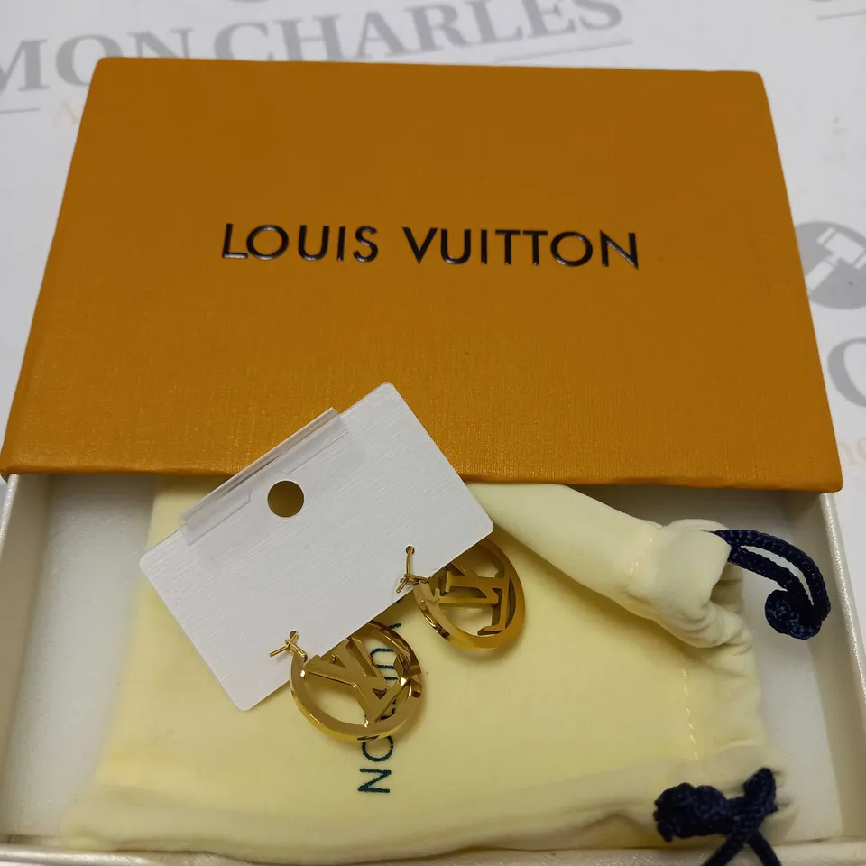 BOXED LOUIS VUITTON STAINLESS STEEL HOOP BRANDED EARRINGS WITH LV LOGO 