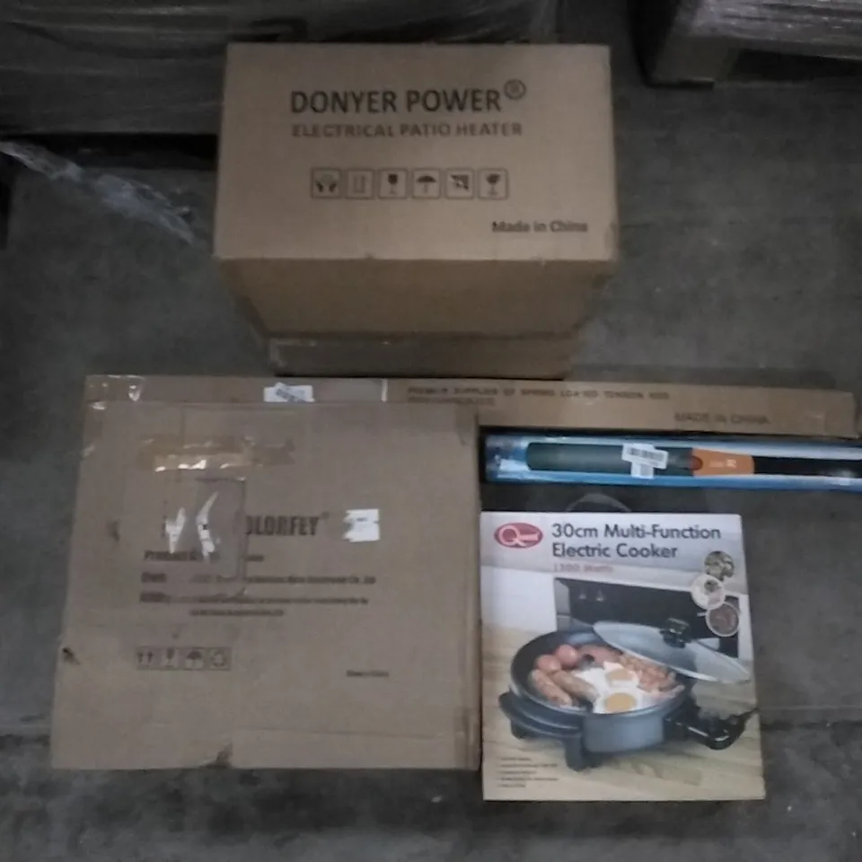 PALLET OF ASSORTED ITEMS INCLUDING WII FIT PLUS, DONYER POWER ELECTRICAL PATIO HEATER, QUEST 30CM MULTI FUNCTION ELECTRIC COOKER, SPRING LOADED TENSION ROD, GIOVARA PVC CHAIR MAT, INSTANT POT AIR FRY 