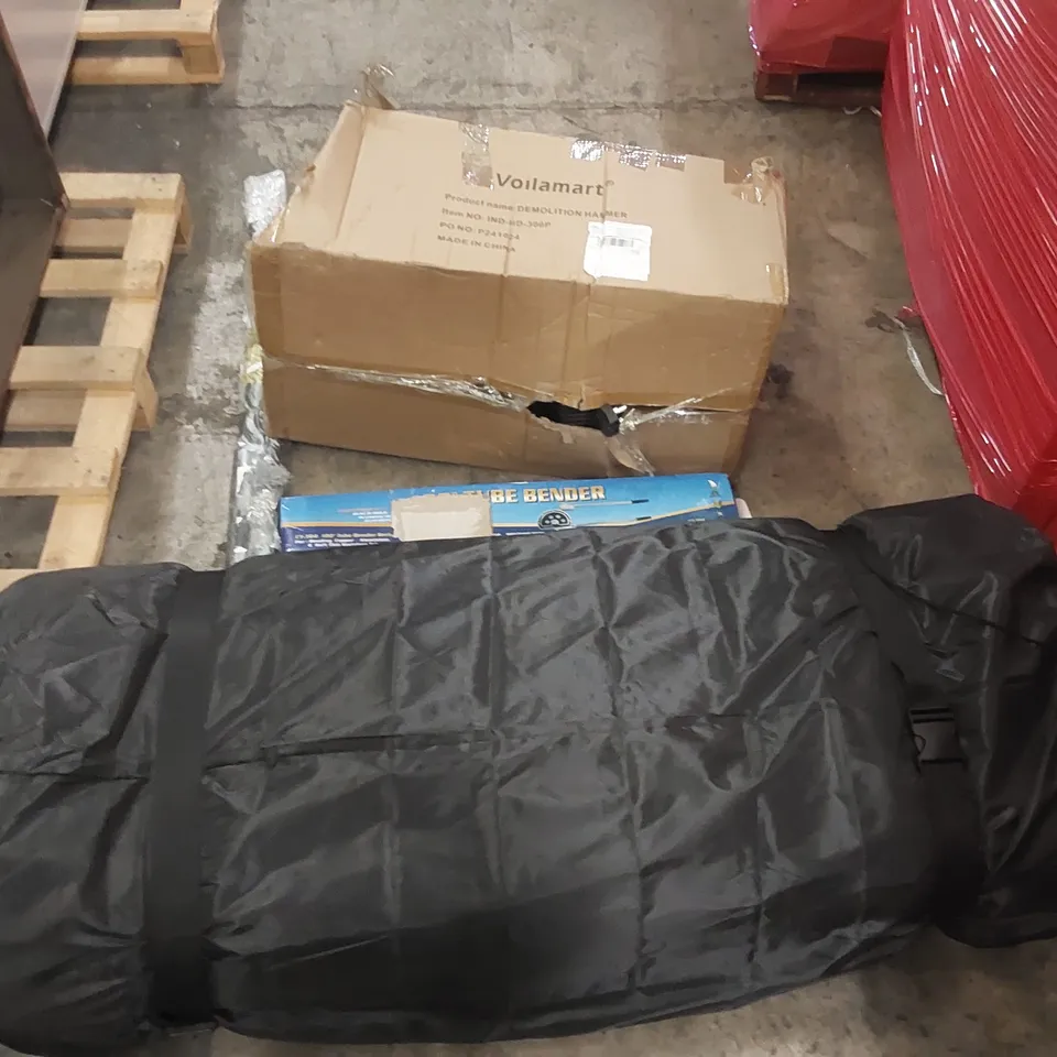 PALLET OF ASSORTED ITEMS INCLUDING: DEMOLITION HAMMER, TUBE BENDER, MATTRESS ECT