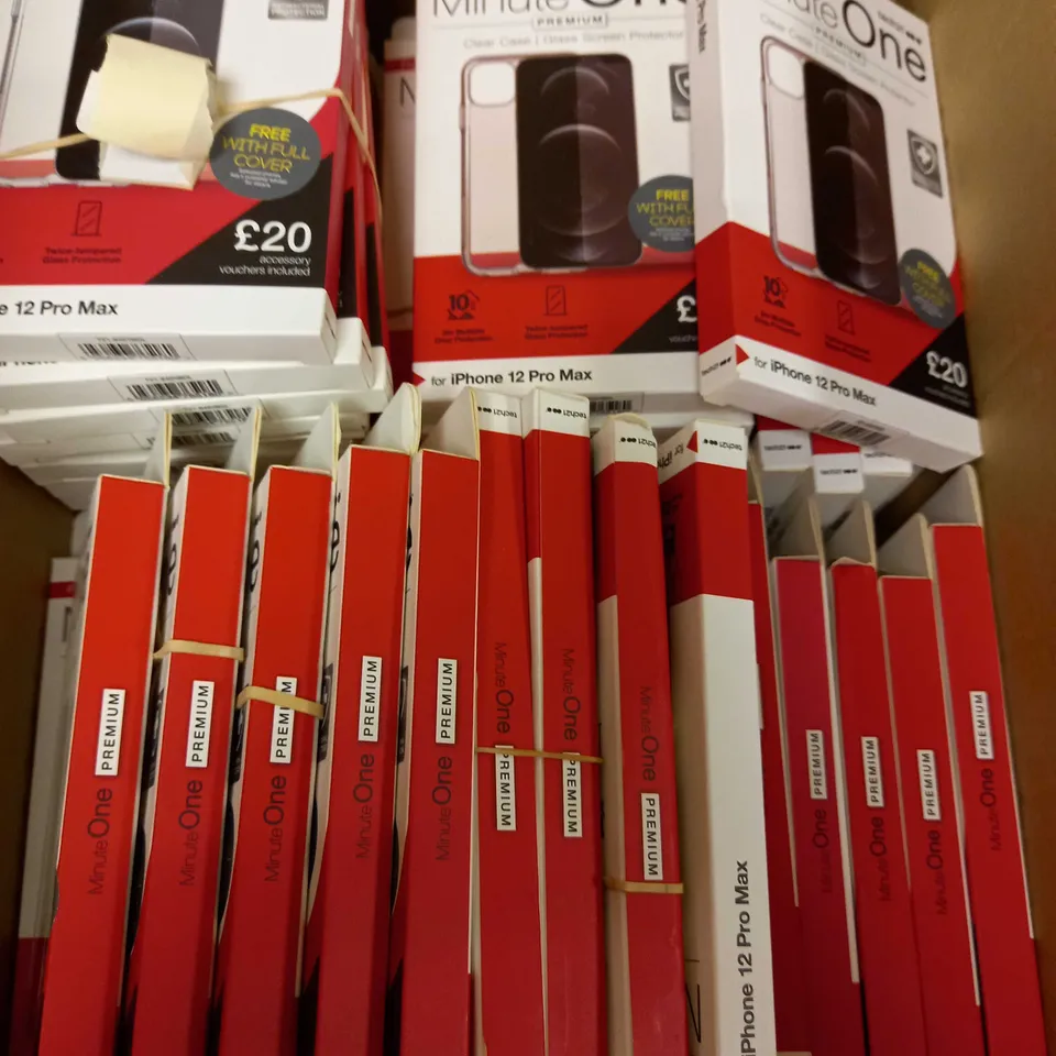 BOX OF APPROXIMATELY 50 ASSORTED TECH 21 MINUTE ONE PHONE CASES