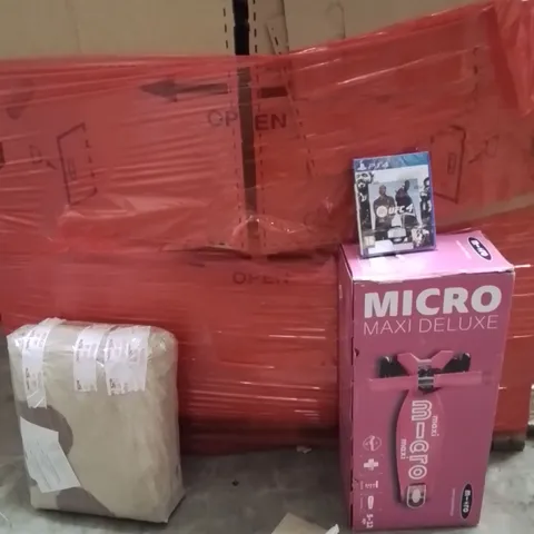 PALLET OF ASSORTED HOUSEHOLD GOODS AND PRODUCTS TO INCLUDE;SCOOTER,UFC 4,AREA RUG