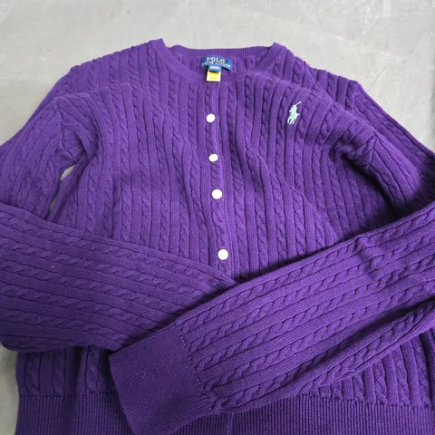 POLO RALPH LAUREN PURPLE CABLE-KNIT CARDIGAN, UK SIZE 16 